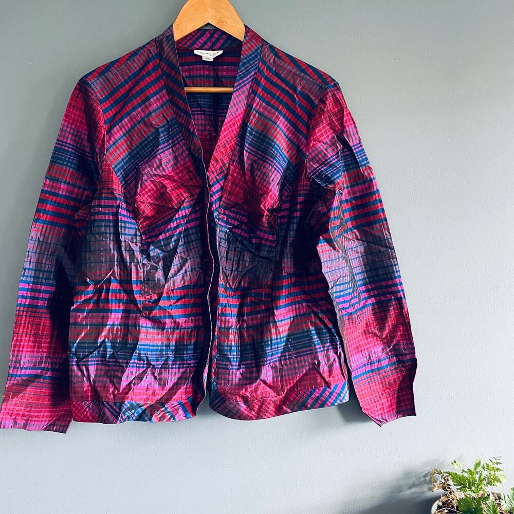 Coldwater Creek Women's Silk Jacket Large LP Petite Plaid Red Purple Old Money